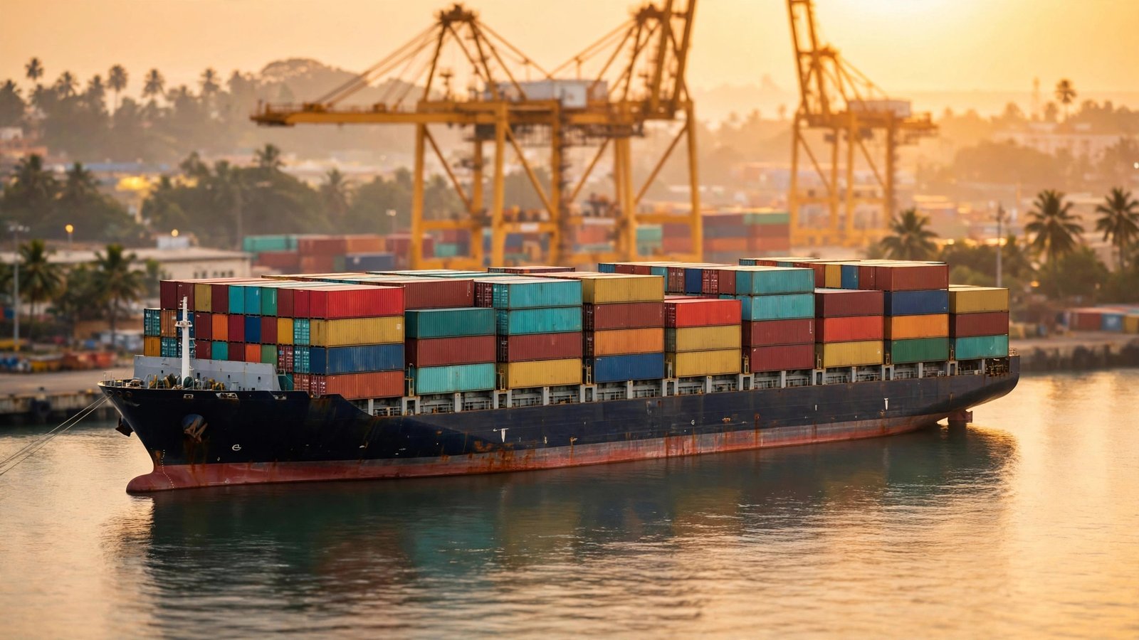 Container cargo ship at an Indian seaport carrying export shipments