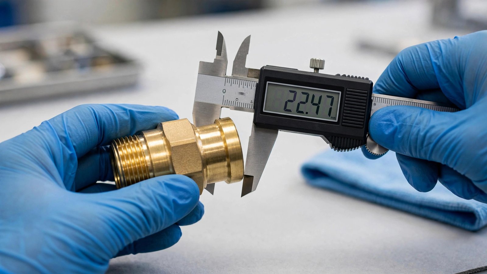Precision measurement of a brass component at Litebow Industries